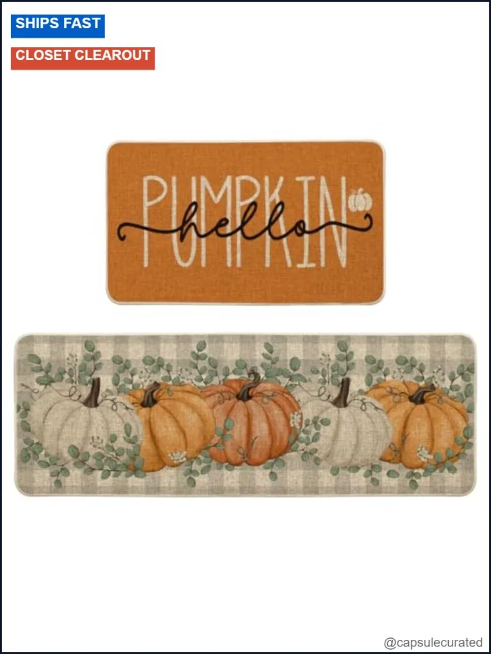 Fall Pumpkin Kitchen Mats Set of 2 - Non-Slip Polyester Felt with Rubber Backing